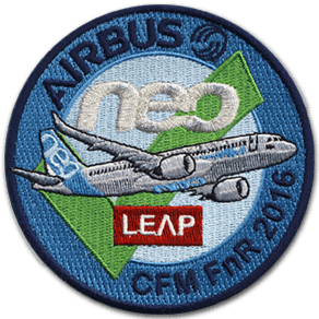 Ecusson rond représentant un Airbus Neo en vol equipé du moteur LEAP-1A de CFM, ecusson réalisé pour la certification du moteur, l'écuson est brodé en 6 couleurs. 