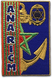 Ecusson brodé de l'association nationale des anciens du RICM. L'écusson est rectangulaire, verticale, et représente une étoile à 6 branches rouge et verte devant une ancre marine. A gauche, un bandeau coupe le dessin, et il est écrit ANA RICM.
