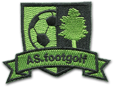 Ecusson brodé de l'association sportive de footgolf. il est vert clair et vert foncé, et a une forme de blason surmontées d'un ruban. L'écusson est en deux parties, a gauche, un ballon de football est brodé en vert foncé sur un fond vert clair. A droite, un arbre vert clair est brodé sur un fond vert foncé. Dessous, dans le ruban, le texte AS footgolf.