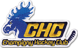 Ecusson brodé du club de hockey de Champigny. Il est decoupé et représente une tête d'élan bleu, à côté de laquelle on trouve l'inscription CHC.