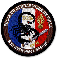 Ecusson rond de 8 cm de la 9ème compagnie de l'école de gendarmerie de tulle. Il représente un scorpion noir tenant un glaive brodé sur fond drapeau Blau blanc rouge et avec l'inscription école de gendarmerie de tulle et la devise s'élever par l'effort
