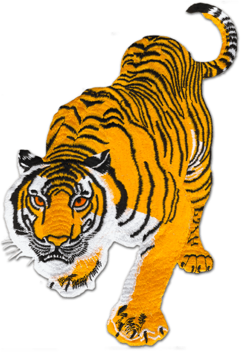 Ecusson brodé de très grande taille représentant un tigre. Le bord de l'écusson est découpé à la forme de l'animal qui est positoonné de face, en mouvement.
