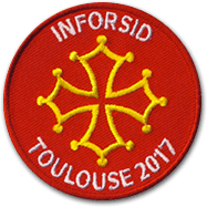 Ecusson brodé du colloque de l'association INFORSID. Il est rond, rouge, avec au centre une croix occitane jaune et le texte INFORSID Toulouse 2017.