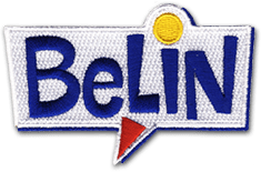 Ecusson de la marque Belin représentant le logo du produit en trois couleurs : jaune, bleu, rouge.