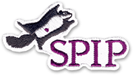 Ecusson représentant le logo du système de publication pour internet SPIP. L'écusson représente un petit écureuil volant noir et blanc, vu du dessous, sous lequel le nom SPIP est écrit en violet. L'écusson est découpé à la forme de l'écureuil et du nom. Le site Jimbo Ecussons utilise SPIP !