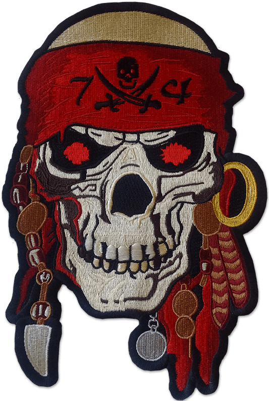 Ecusson de moto club en grand format. L'écusson brodé en 11 couleurs représente une tête de mort d'indien avec un bandeau rouge sur le crane, un anneau dans l'oreille gauche et des colliers de perles, le bord de l'écusson est découpé à la forme.