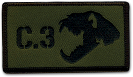 Ecusson brodé militaire du 3ème régiment de parachutistes d'infanterie de marine. Il est rectangulaire horizontal, brodé en noir sur un fond vert kaki et représente la silhouette d'une tête de tigre à droite, et le texte C.3 à gauche.