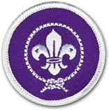 Ecusson des scouts de France. Il est rond, brodé en blanc sur fond violet et réprésente l'emblême des scouts : une fleur de lys entourée d'un foulard noué en bas.