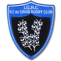Ecusson brodé du club de rugby de l'île de Groix. Il a une forme de blason et représente des clochettes de muguet blanches sur fond noir. En haut, sur fond bleu, est brodé le texte IGRC, ile de groix Rugby club.